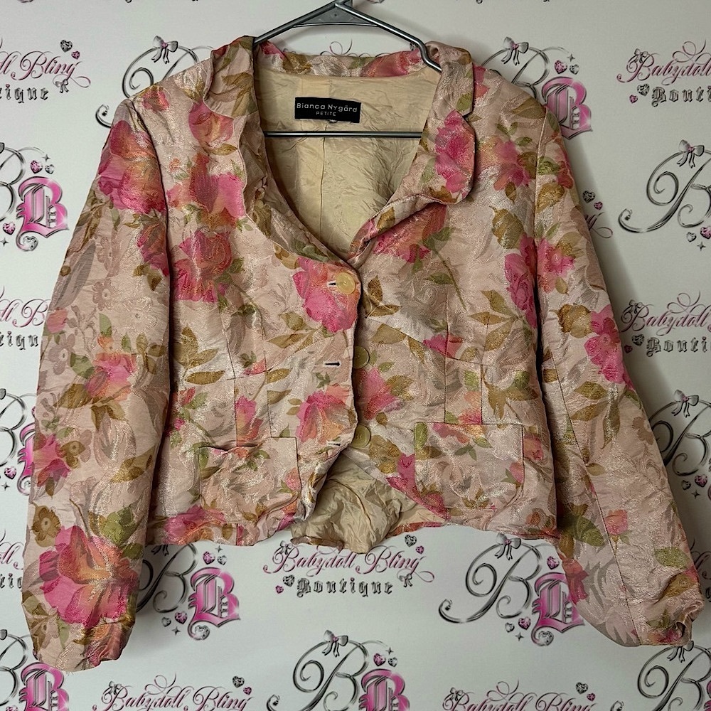 Bianca nygard blazer flowers Pink Cream Floral Blazer buttons Classic Cut shiny